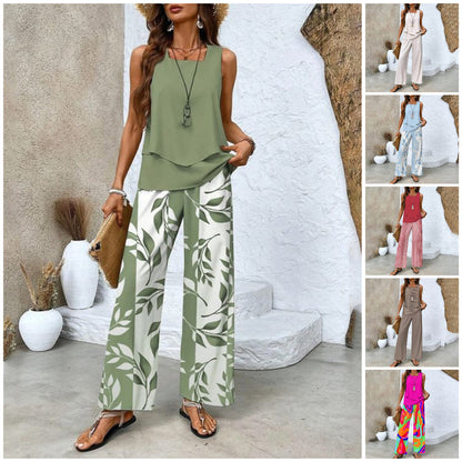 🌺 2-delad outfit med trendigt tryck för kvinnor - kombination av ärmlös topp och byxor!”