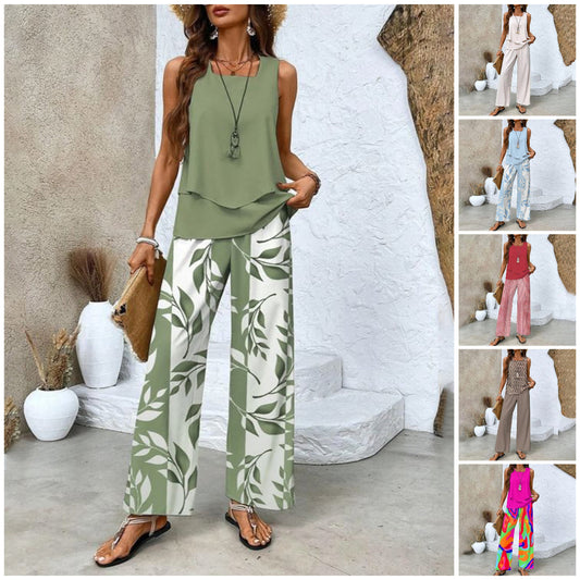 🌺 2-delad outfit med trendigt tryck för kvinnor - kombination av ärmlös topp och byxor!”