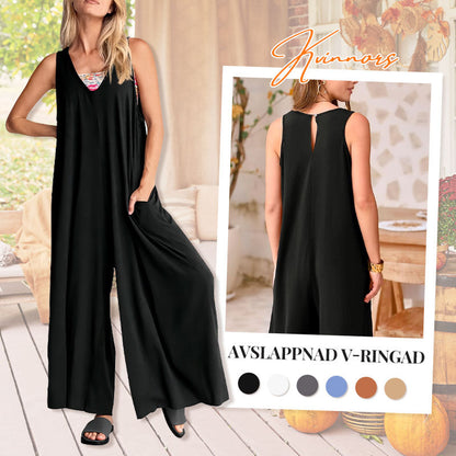 💃🏻50 procent rabatt🔥Kvinnors Avslappnad V-ringad Ärmlös Byxdress med Vida Ben