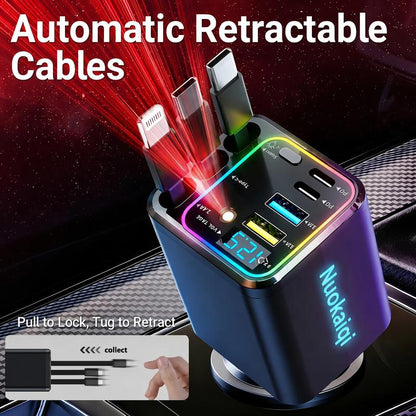🔋📱 7-i-1 snabbladdare för bilen med utdragbara kablar och spänningsdisplay – USB-C för Android och Lightning för Apple
