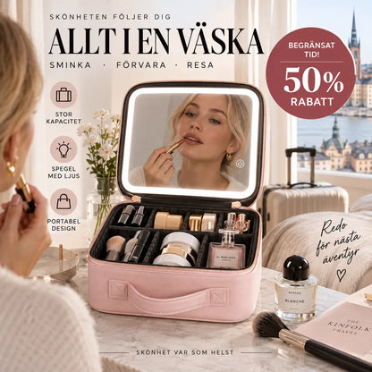 💄 Sminkväska, spegel och LED-ljus i ett – Rymlig och resklar