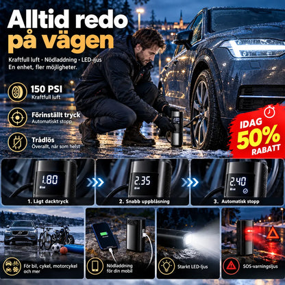 🚗 TIDSBEGRÄNSAT ERBJUDANDE + FRI FRAKT! Multifunktionell luftpump med powerbank, LED-ficklampa och SOS-ljus – för bil, MC och cykel