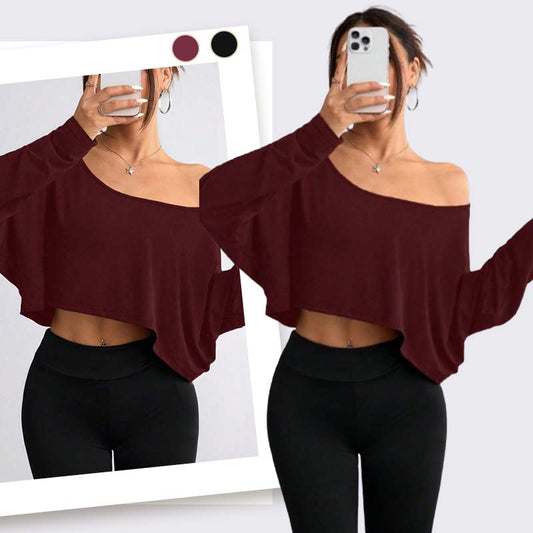 Överdimensionerade långärmad off-shoulder crop toppar för kvinnor
