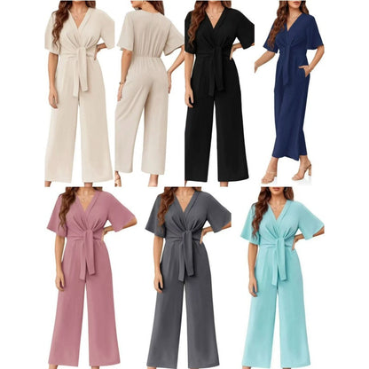 Elegant V-ringad jumpsuit med vida ben och knytband i midjan för kvinnor