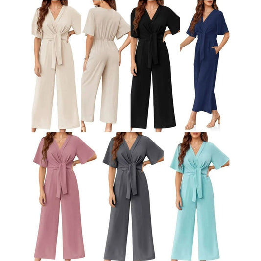 Elegant V-ringad jumpsuit med vida ben och knytband i midjan för kvinnor