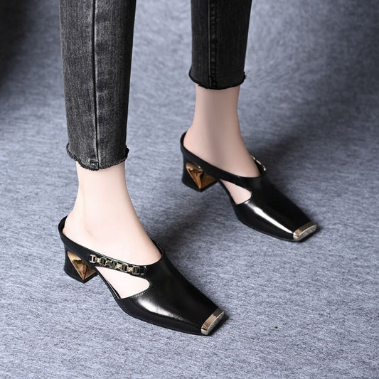 🏖️Summer Specialerbjudanden🌴Kvinnor Casual Metall Square Toe Mid Block Heel Mules