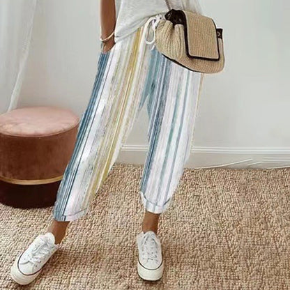 Randiga byxor i linnebomull för kvinnor