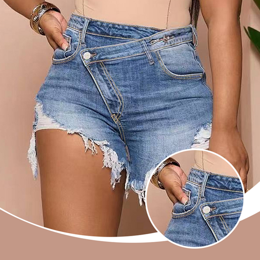 Högmidjade diagonala knapp design råa kanter rivna denim shorts