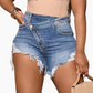 Högmidjade diagonala knapp design råa kanter rivna denim shorts