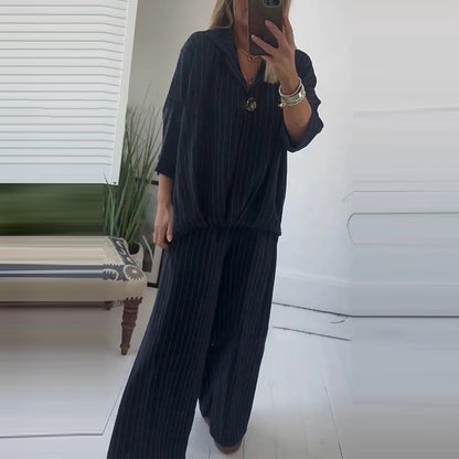 Randig topp och vida byxor för kvinnor, 2-delat set