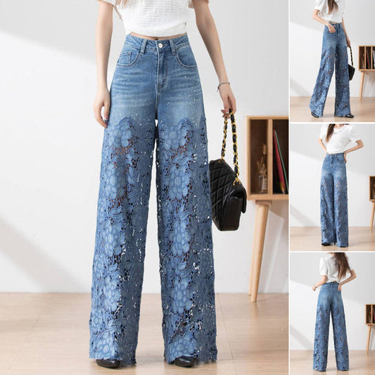 Dambyxor med hög midja i blå denim och vida ben med utskurna spetspaneler