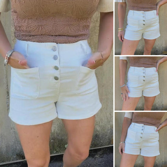 Vita kortbyxor i denim med hög midja och flera knapprader för kvinnor
