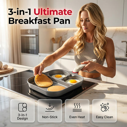 🍳50% RABATT NU! 3-i-1 non-stick frukostpanna, flerfacksdelad stekpanna, jämn värmefördelning, kompatibel med alla spishällar för ägg, pannkakor och morgonmåltider