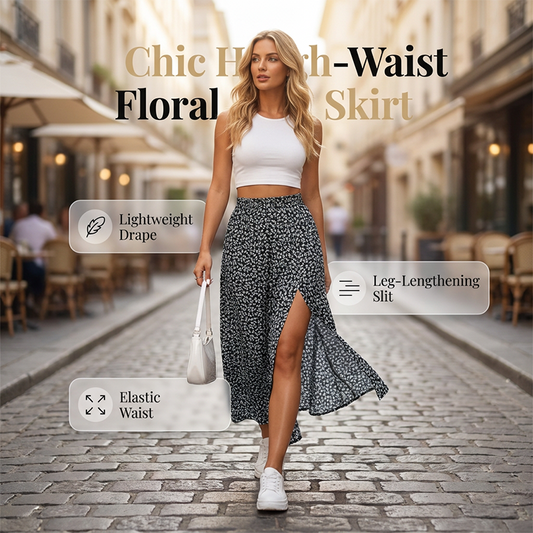🌸 Högmidjad blommig kjol med slits – elegant passform för vardag & sommar ✨