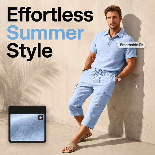 🔥 50 % RABATT NU! 👔 Herr Linne-set för sommaren – luftig skjorta & cargoshorts med stilren avslappnad look ✨