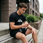 🏃 50% RABATT! ✨ Herr Sommarset – Geometriskt mönstrad T-shirt med korta ärmar & dragsko-shorts | Andningsbart & Stilrent 🌊