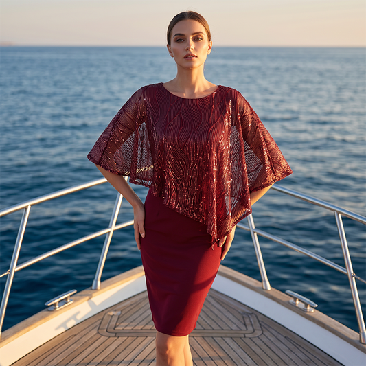 🌙🌸 TIDSBEGRÄNSAT ERBJUDANDE 50% RABATT! 🦸 Asymmetrisk klänning med cape och paljetter – Unik capedetalj och elegant silhuett – Problemfri kvallselegans.