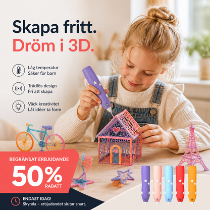 🎁 50% RABATT! ✨ Trådlös 3D-penna för barn – låg temperatur & kreativ lek överallt